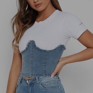 Maniere De Voir White Tee with Blue Denim Corset Detail